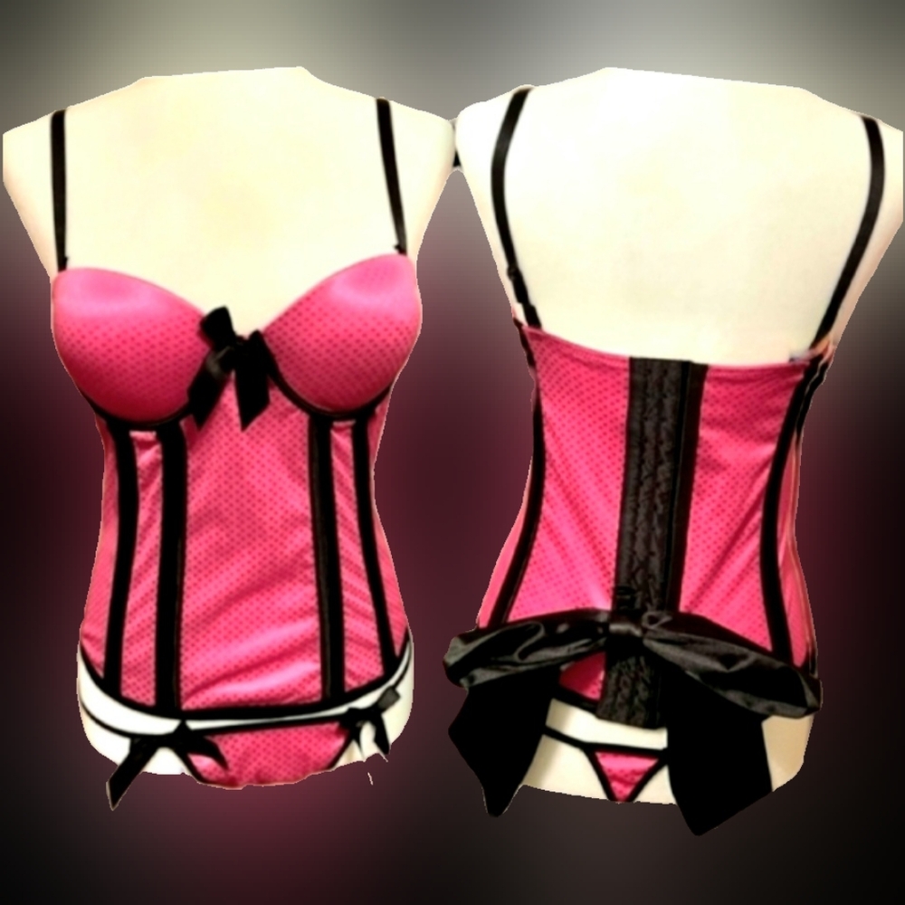 Vtg Y2K Morbid Threads pink black bow corset skirt thong lingerie set 36C LG NWT